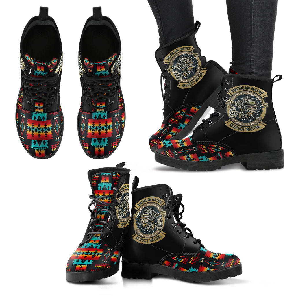 Skull Black Native American Tribes Pattern Leather Boots LT10