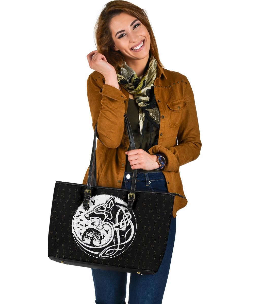 Viking Large Leather Tote Bag, Skoll and Hati Rune Tattoo RLT12