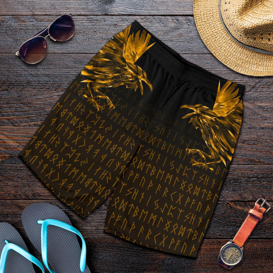 Viking Men's Shorts - The Raven Of Odin Rune, Gold RLT12