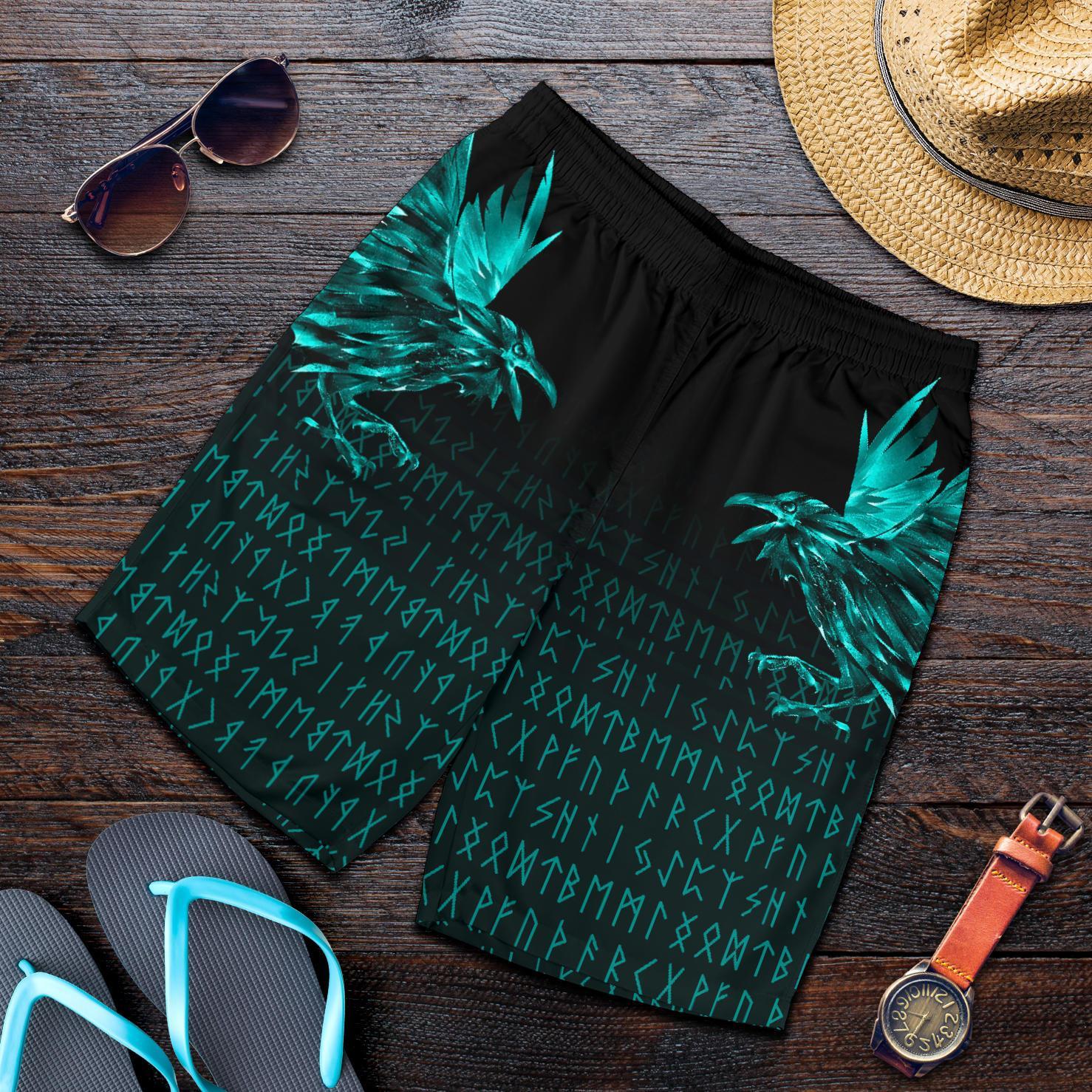 Viking Men's Shorts - The Raven Of Odin Rune Cyan RLT12