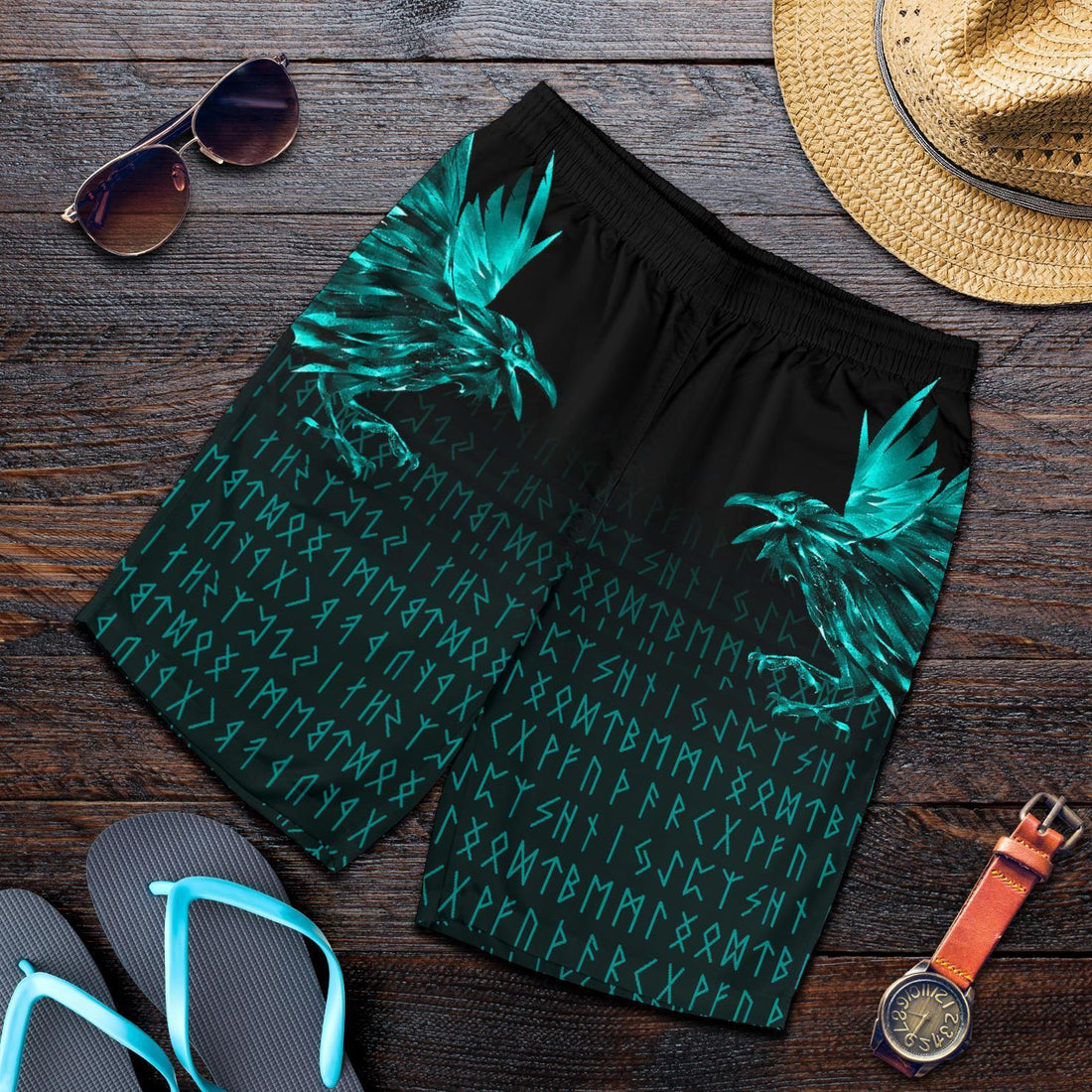 Viking Men's Shorts - The Raven Of Odin Rune Cyan RLT12