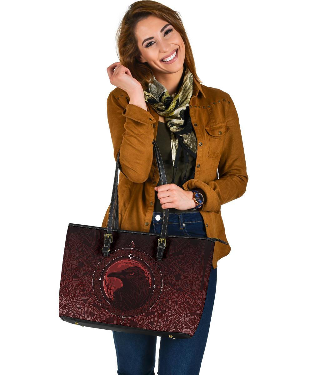 Viking Large Leather Tote Bag, Ethnic Odin Raven Red RLT12