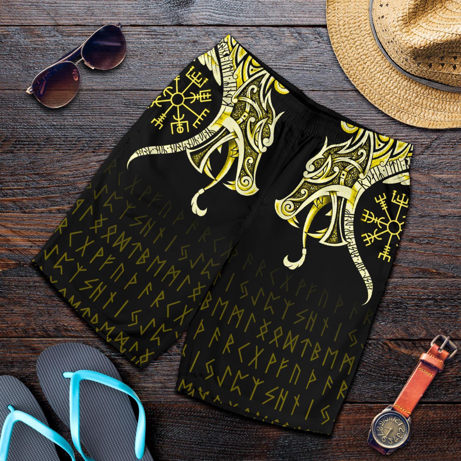 Viking Men's Shorts, Fenrir Raven and Vegvisir Tattoo Yellow RLT12