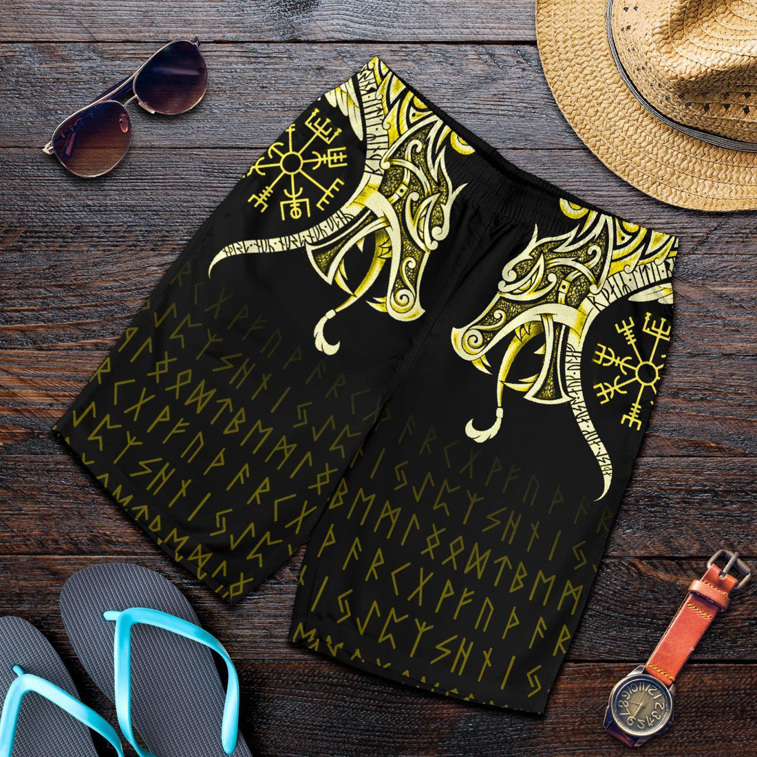 Viking Men's Shorts, Fenrir Raven and Vegvisir Tattoo Yellow RLT12