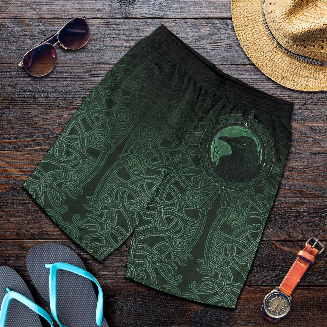 Viking Men's Shorts, Ethnic Odin Raven Green RLT12