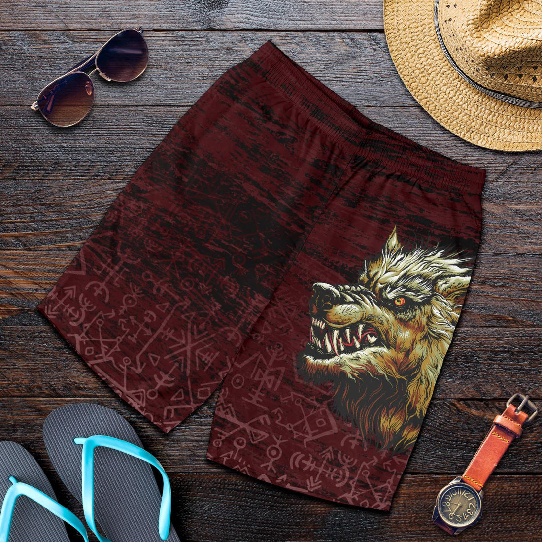 Viking All Over Print Men's Shorts Fenrir On The Blood Moon Background RLT12
