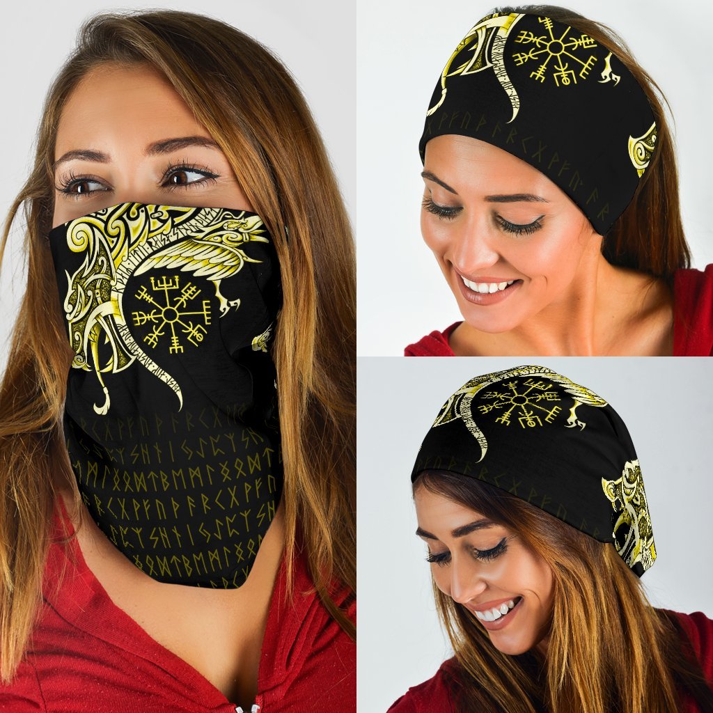 Viking Neck Gaiter 3 Pack, Fenrir Raven and Vegvisir Tattoo Yellow RLT12