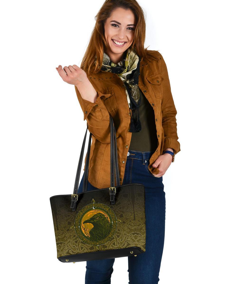 Viking Small Leather Tote Bag, Ethnic Odin Raven Gold RLT12