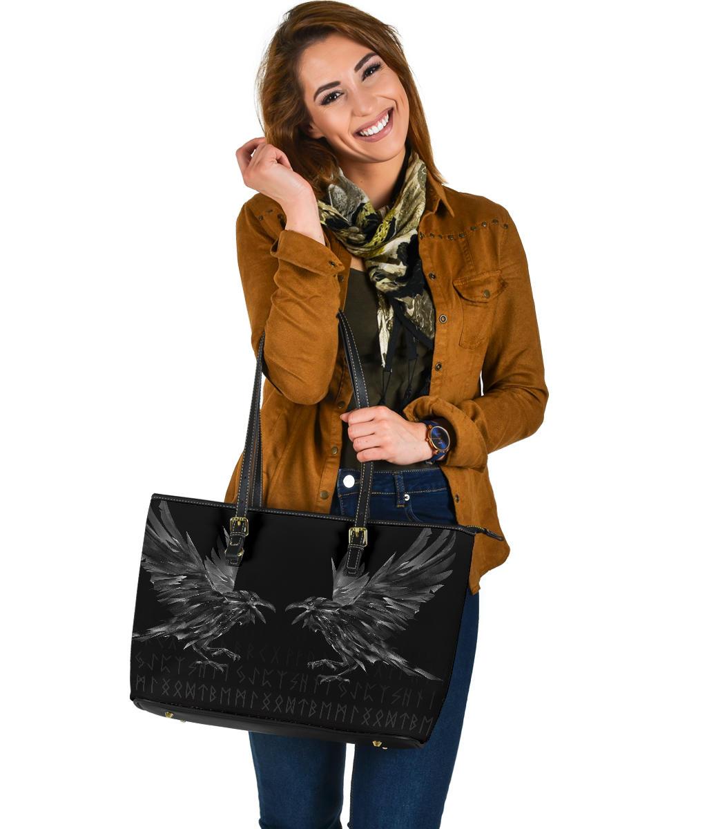 Viking Large Leather Tote Bag Odin Huginn and Muninn Rune RLT12