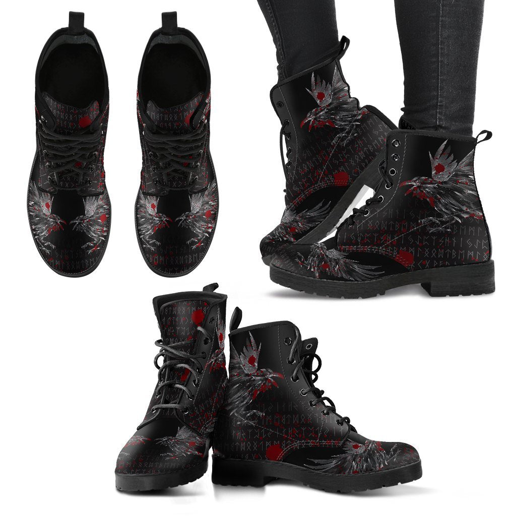 Viking Leather Boots Odin Huginn and Muninn Rune Blood RLT12