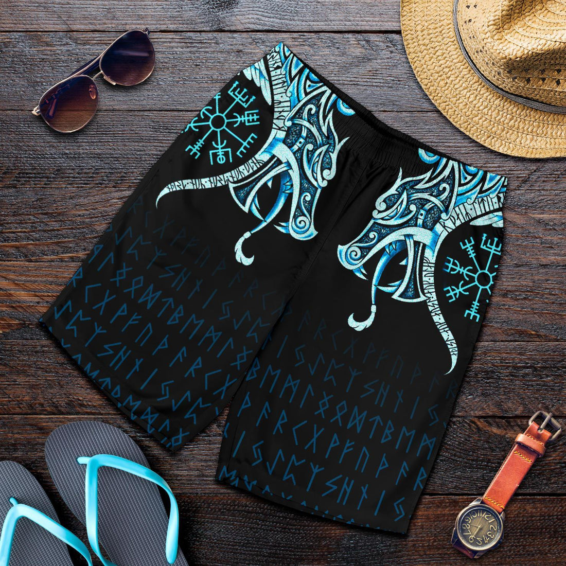 Viking Men's Shorts, Fenrir Raven and Vegvisir Tattoo Cyan RLT12