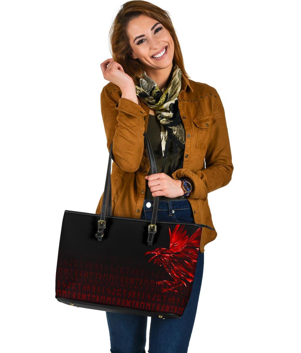 Viking Large Leather Tote Bag The Raven Of Odin Rune, Red RLT12