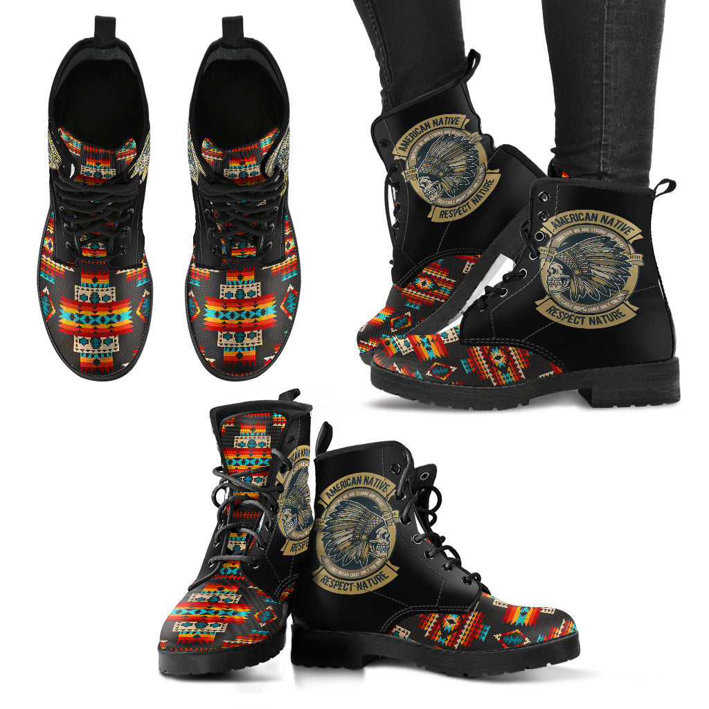 Skull Black Pattern Native American Leather Boots LT10