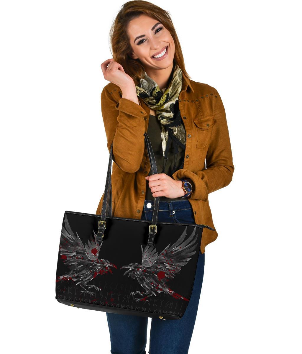 Viking Large Leather Tote Bag Odin Huginn and Muninn Rune Blood RLT12