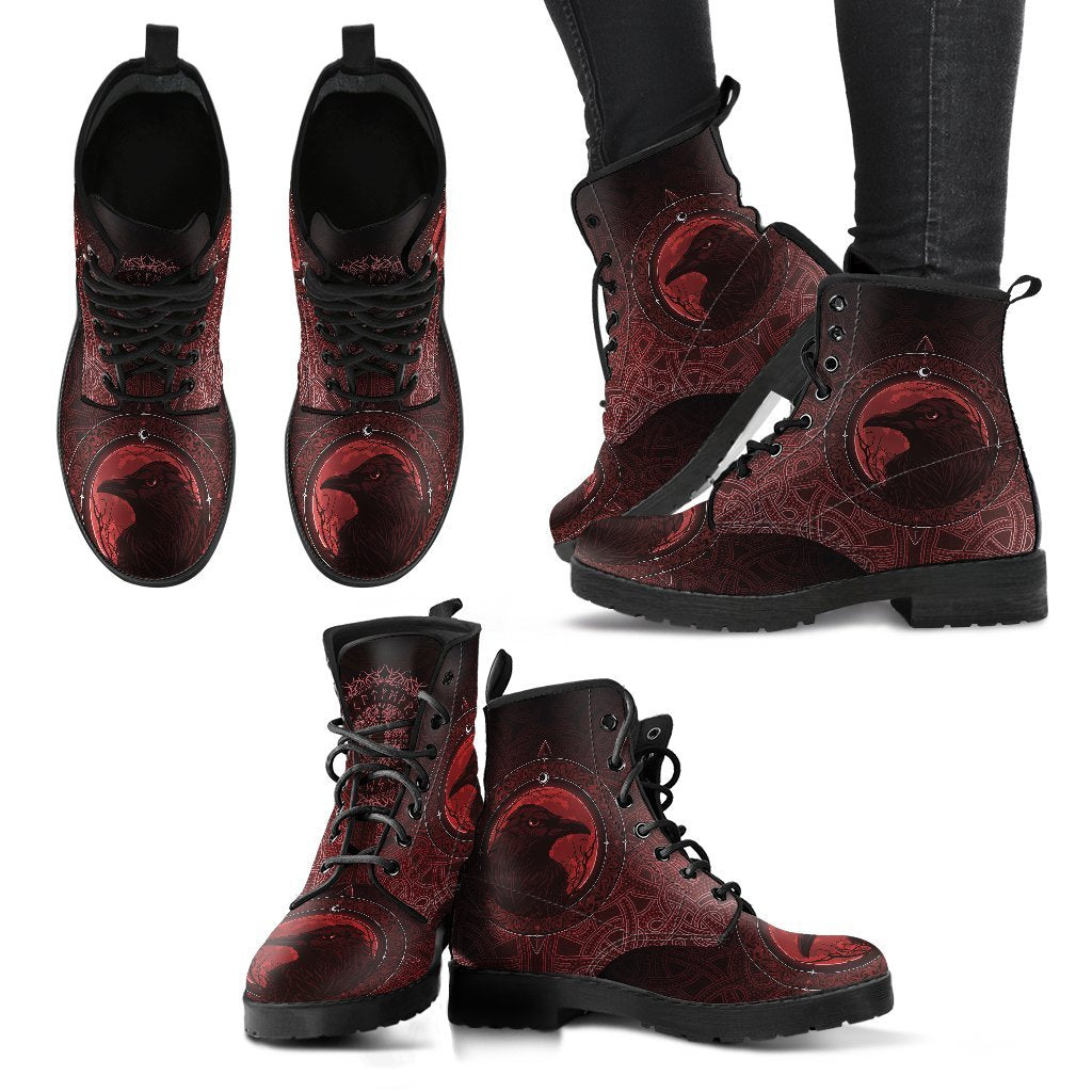 Viking Leather Boots, Ethnic Odin Raven Red RLT12