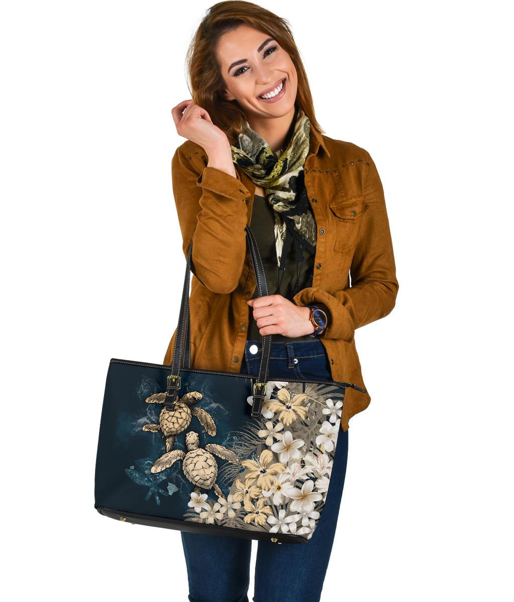 Kanaka Maoli (Hawaiian) Leather Tote - Sea Turtle Tropical Hibiscus and Plumeria Gold