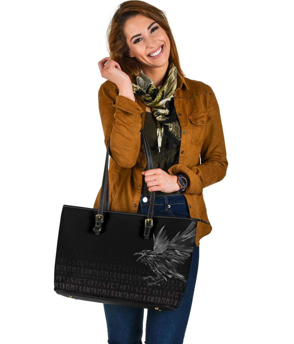 Viking Large Leather Tote Bag The Raven Of Odin Rune RLT12