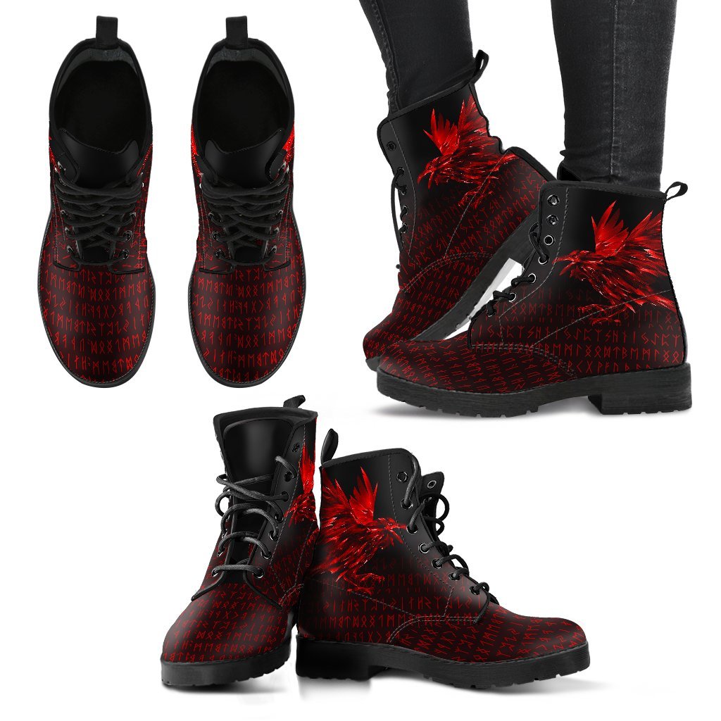 Viking Leather Boots The Raven Of Odin Rune, Red RLT12