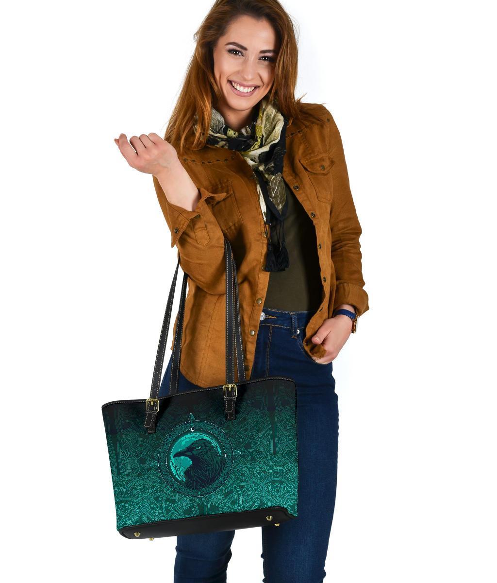 Viking Small Leather Tote Bag, Ethnic Odin Raven Cyan RLT12