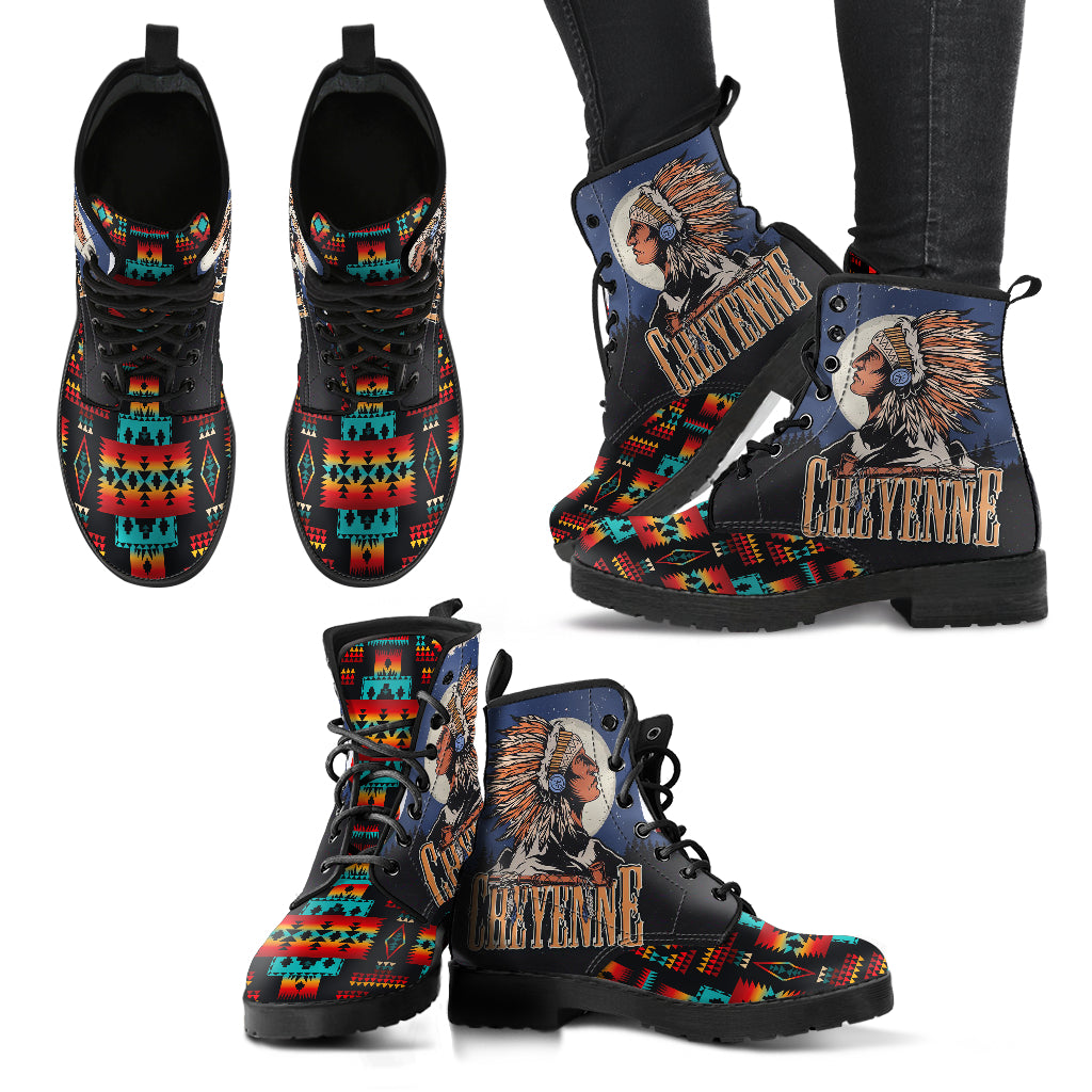 Chief Black Native Tribes Pattern Native American Leather Boot LT10