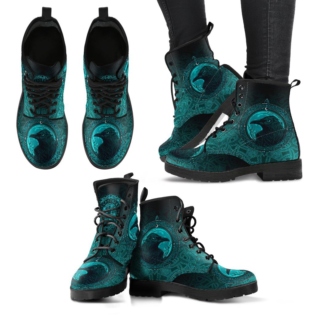 Viking Leather Boots, Ethnic Odin Raven Cyan RLT12