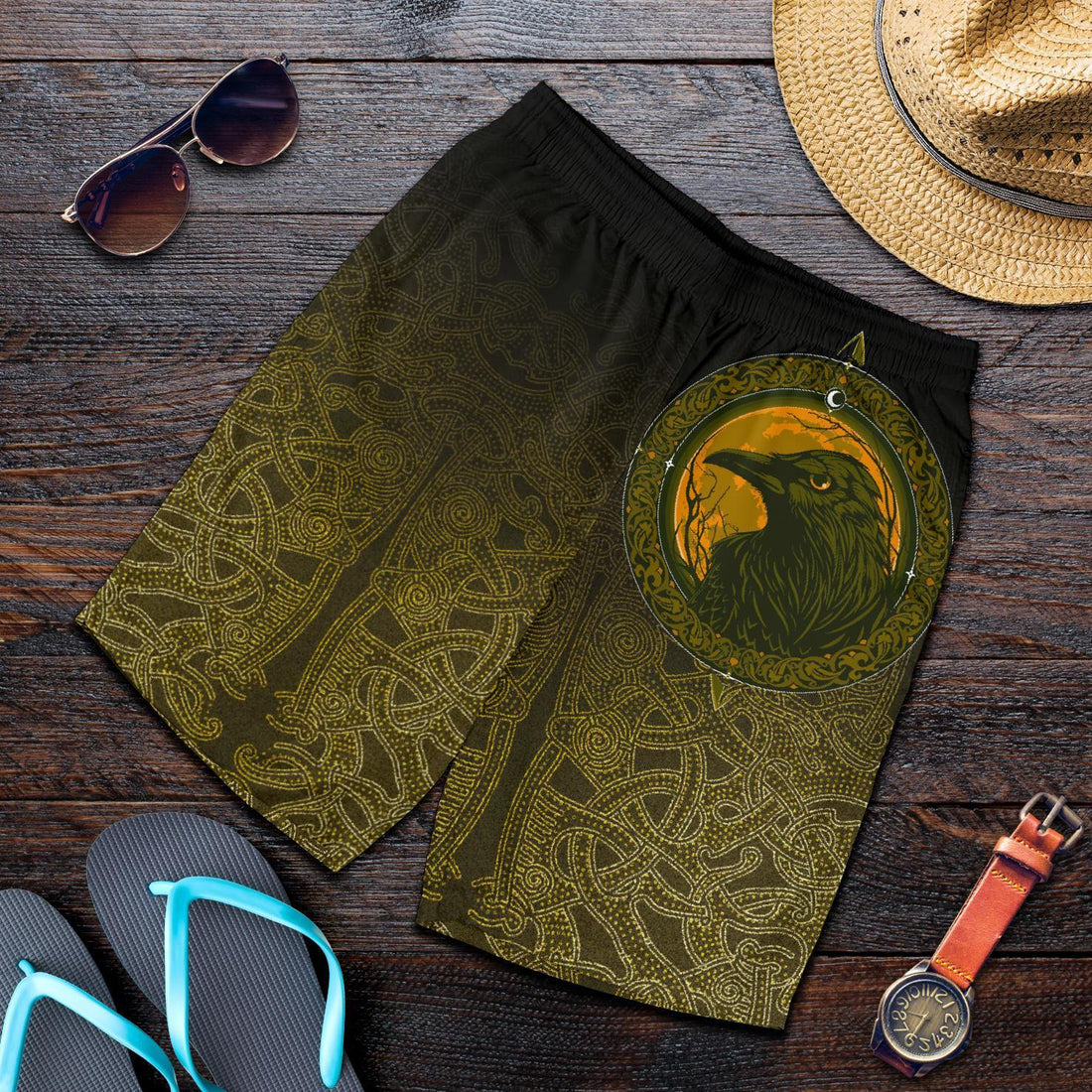 Viking Men's Shorts, Ethnic Odin Raven Gold RLT12
