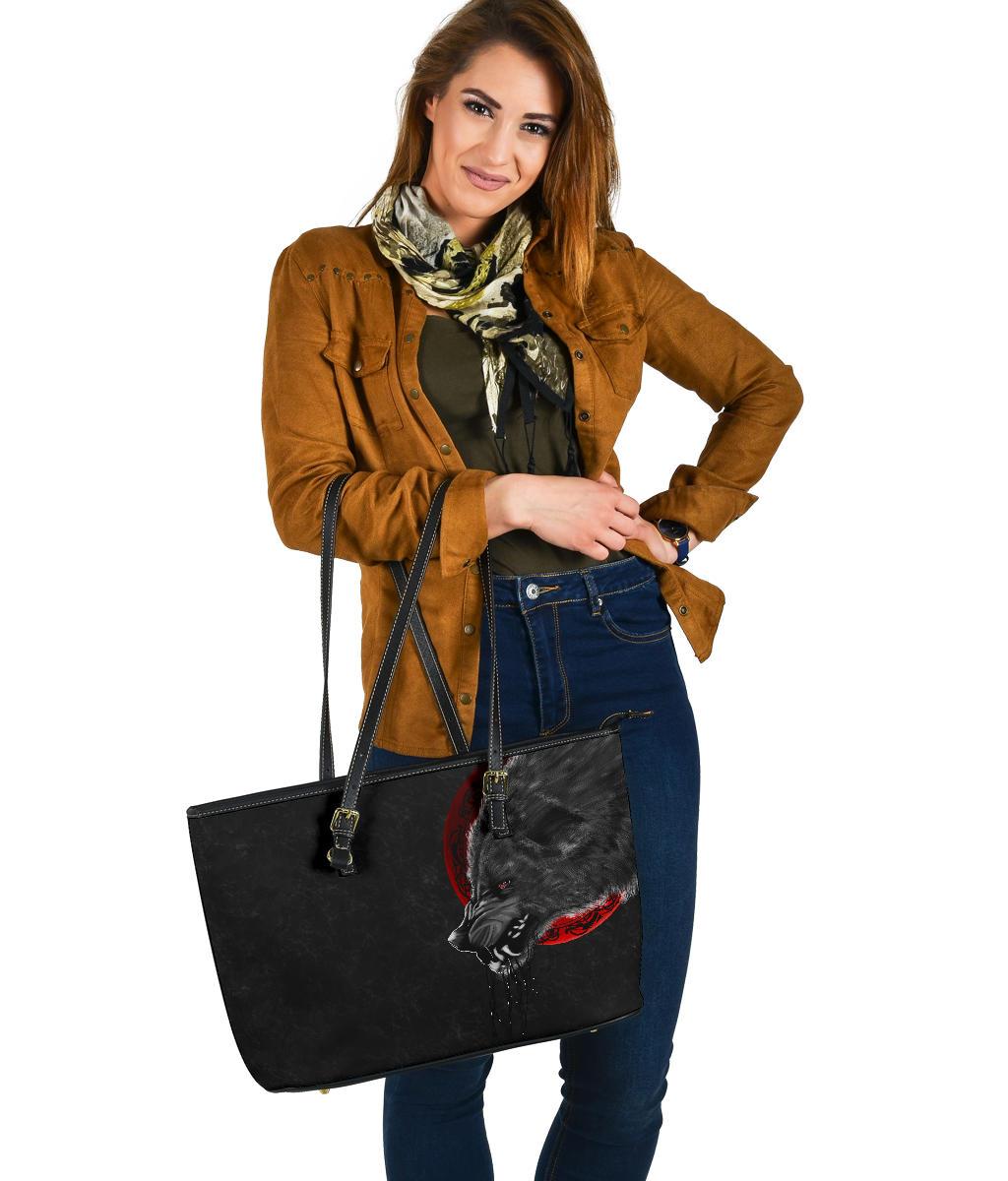 Viking Large Leather Tote Wolf and Blood Moon RLT12