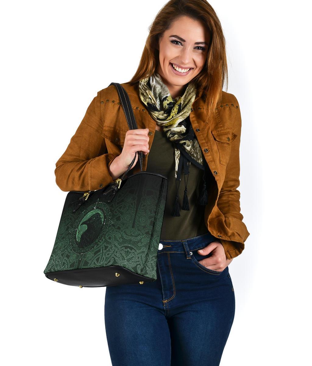 Viking Small Leather Tote Bag, Ethnic Odin Raven Green RLT12