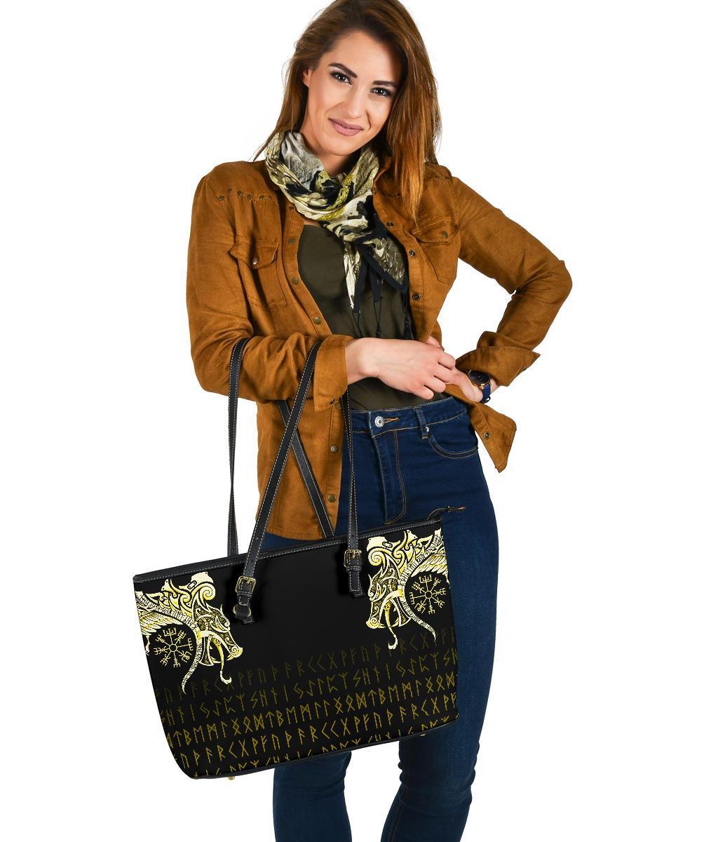 Viking Large Leather Tote, Fenrir Raven and Vegvisir Tattoo Yellow RLT12