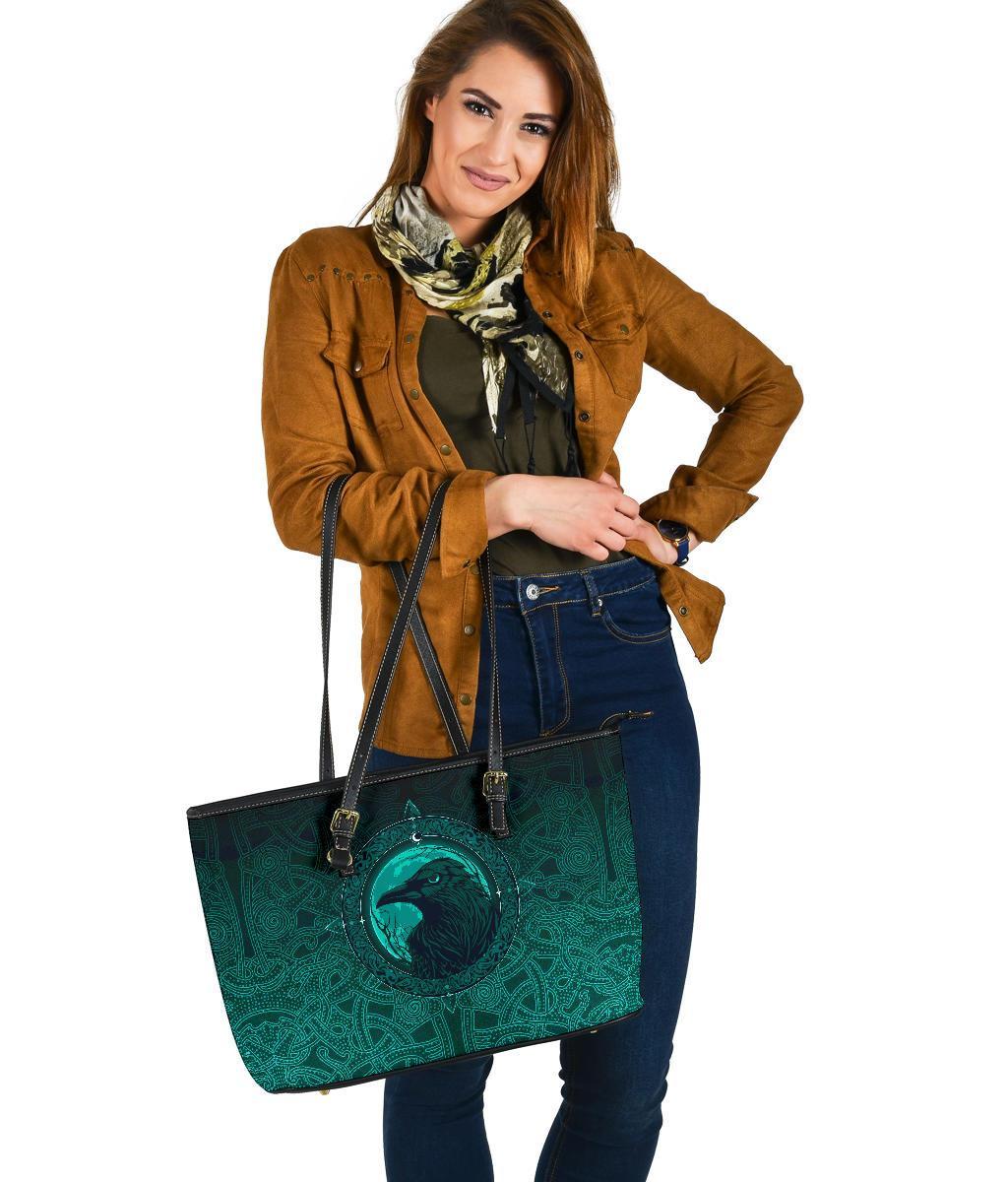 Viking Large Leather Tote Bag, Ethnic Odin Raven Cyan RLT12