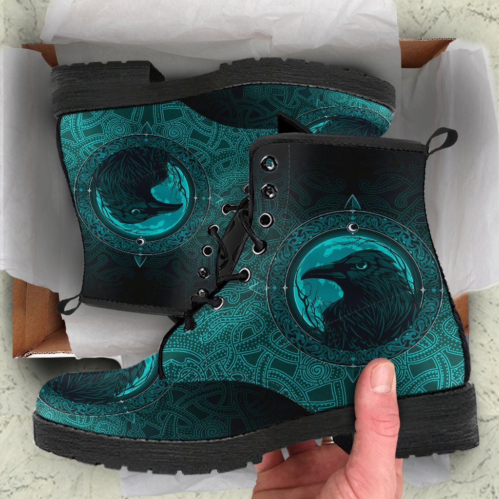 Viking Leather Boots, Ethnic Odin Raven Cyan RLT12