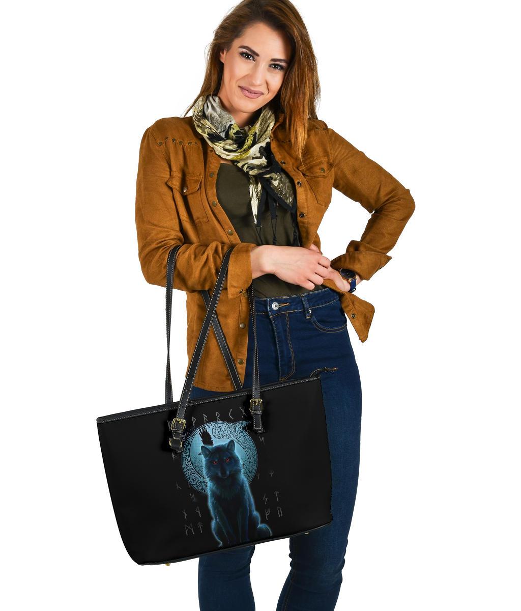 Viking Large Leather Tote Bag, Fenrir Viking Wolf and Moon RLT12
