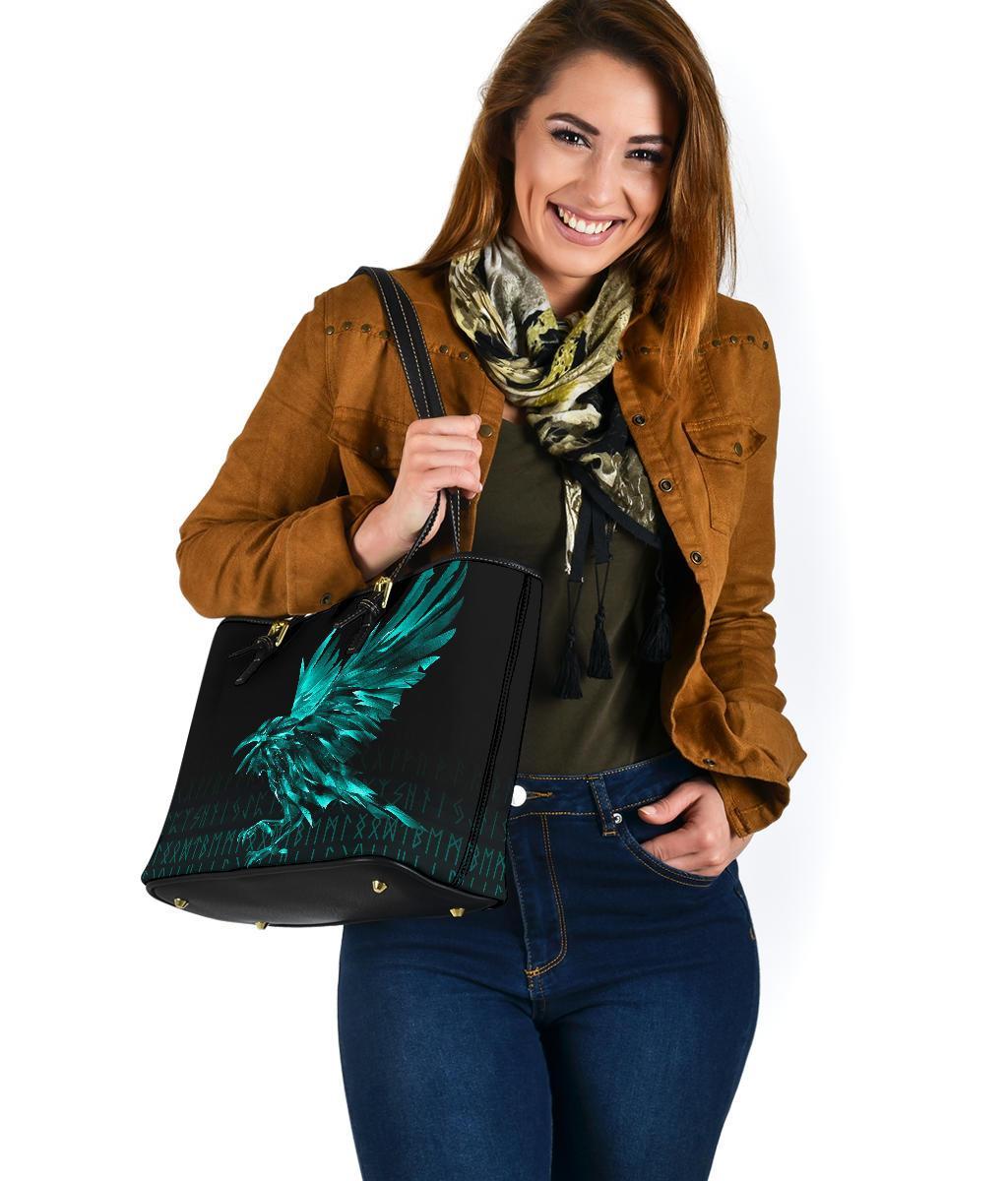 Viking Small Leather Tote Bag - The Raven Of Odin Rune Cyan RLT12