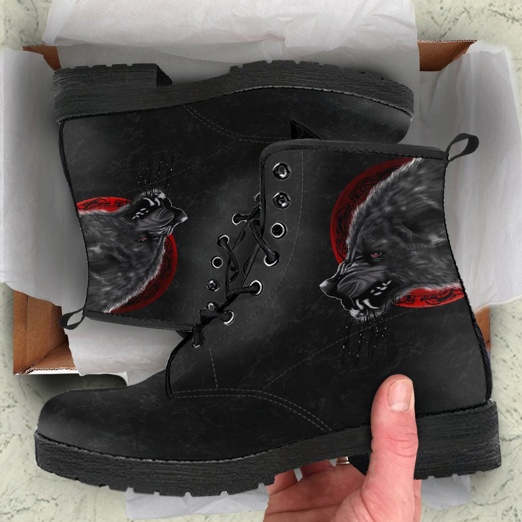 Viking Leather Boots Wolf and Blood Moon RLT12