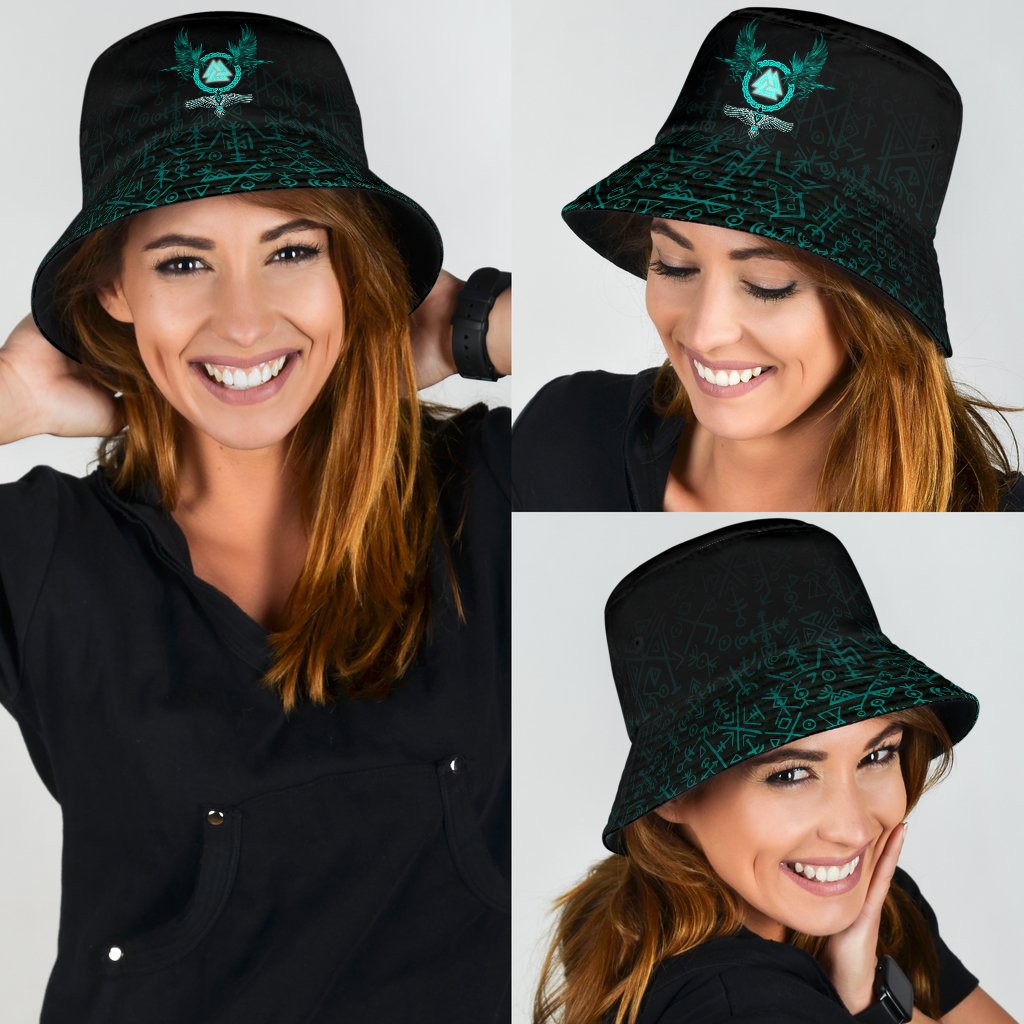 Viking Bucket Hat Three Raven and Valknut Cyan RLT12