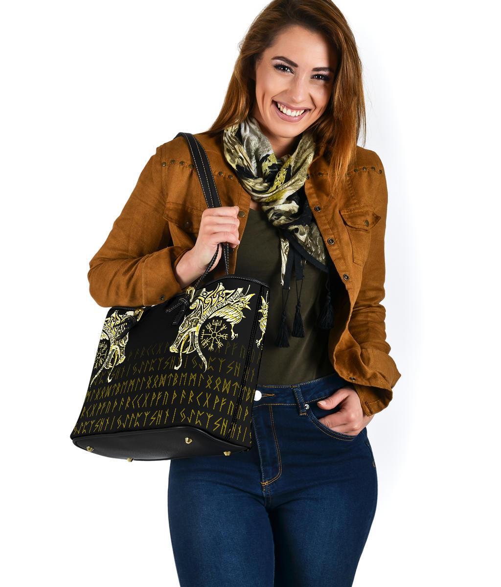 Viking Small Leather Tote, Fenrir Raven and Vegvisir Tattoo Yellow RLT12