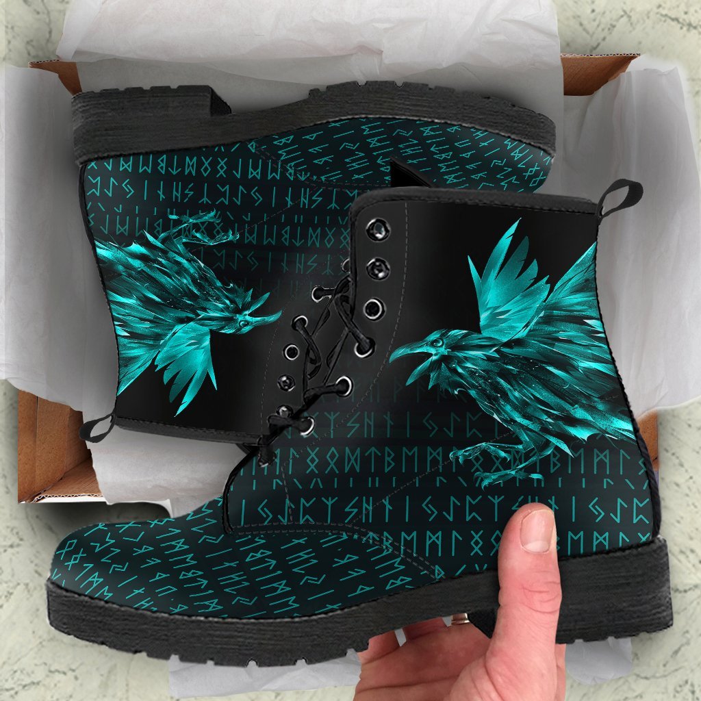 Viking Leather Boots The Raven Of Odin Rune Cyan RLT12