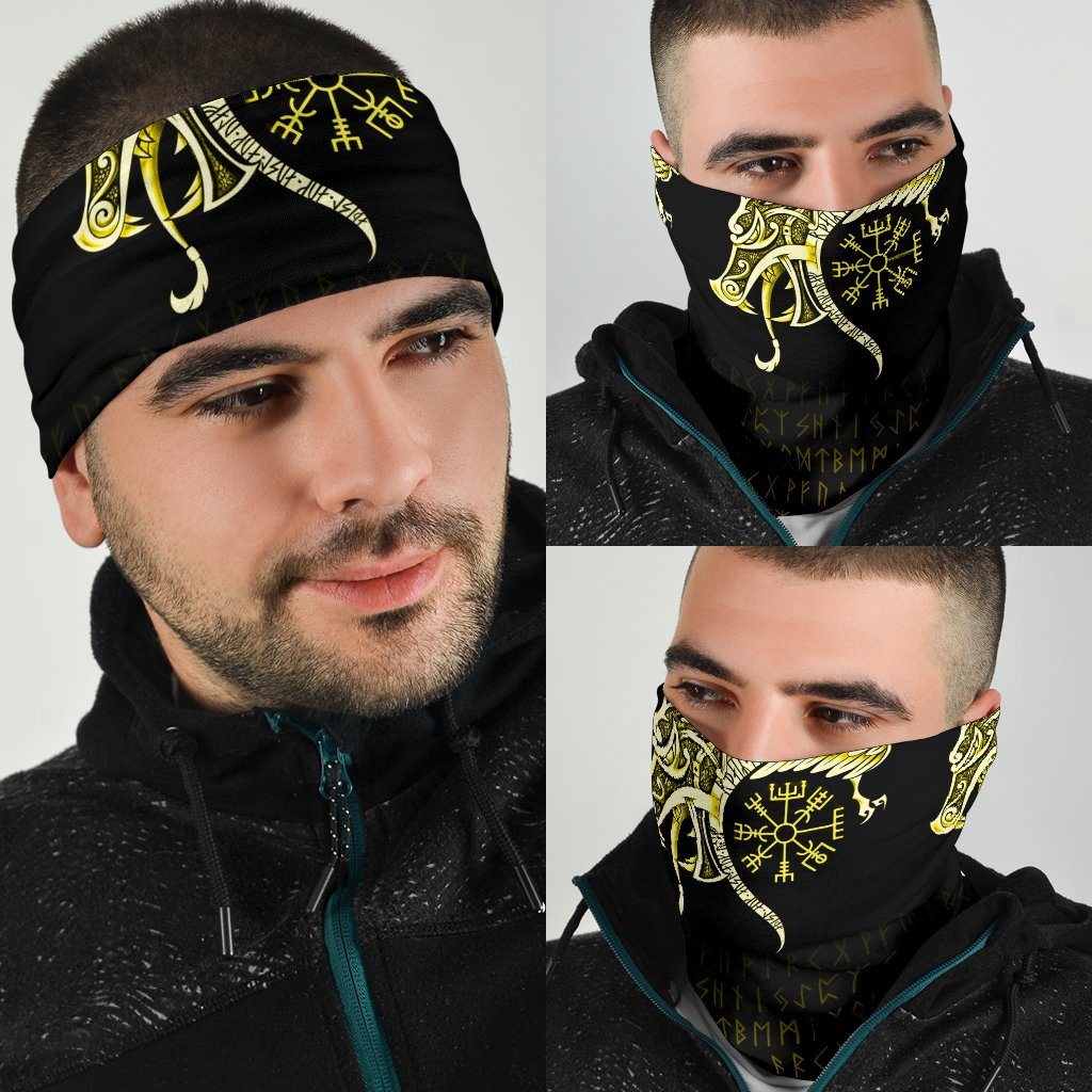 Viking Neck Gaiter 3 Pack, Fenrir Raven and Vegvisir Tattoo Yellow RLT12
