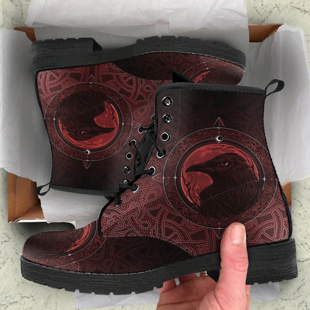 Viking Leather Boots, Ethnic Odin Raven Red RLT12