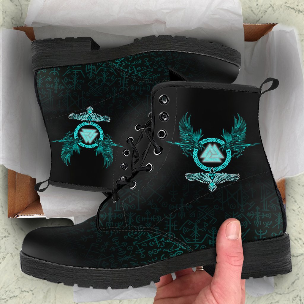 Viking Leather Boots Three Raven and Valknut Cyan RLT12