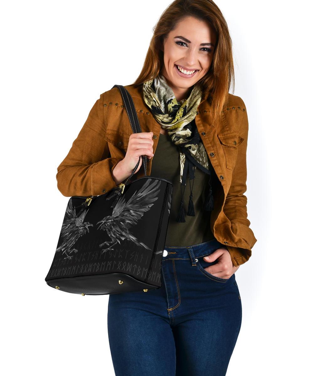 Viking Small Leather Tote Bag - Odin Huginn and Muninn Rune RLT12