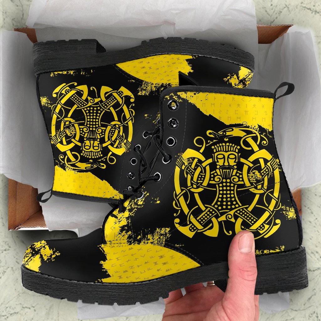 Viking Leather Boots, Loki Bound Triskele Rune Gold RLT12