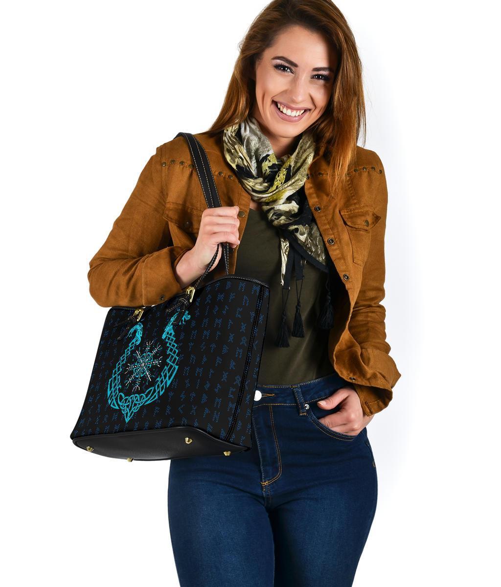 Viking Small Leather Tote Bag, Aegishjalmur Helm Of Awe Blue Edition RLT12