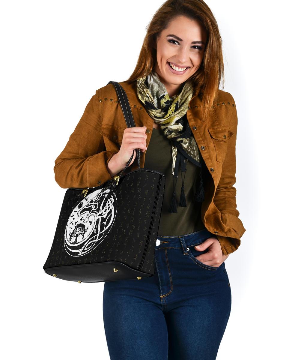 Viking Small Leather Tote Bag, Skoll and Hati Rune Tattoo RLT12