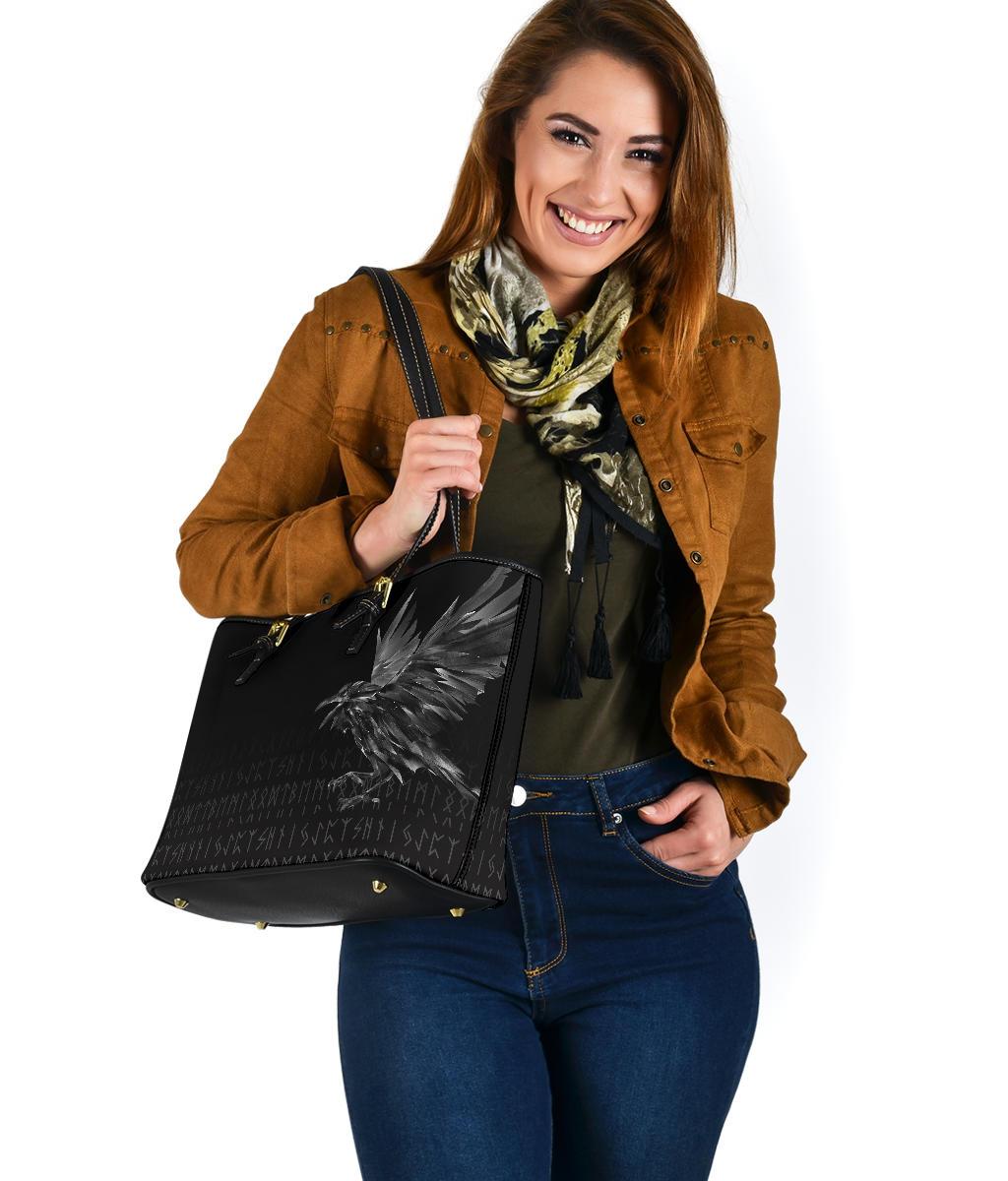 Viking Small Leather Tote Bag - The Raven Of Odin Rune RLT12