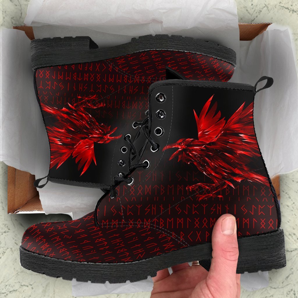 Viking Leather Boots The Raven Of Odin Rune, Red RLT12