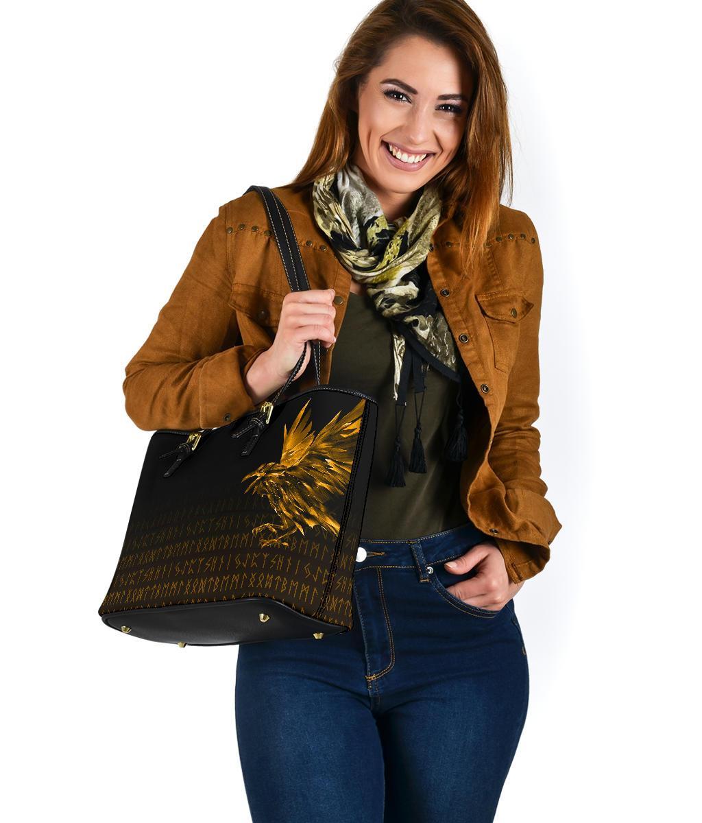 Viking Small Leather Tote Bag - The Raven Of Odin Rune, Gold RLT12