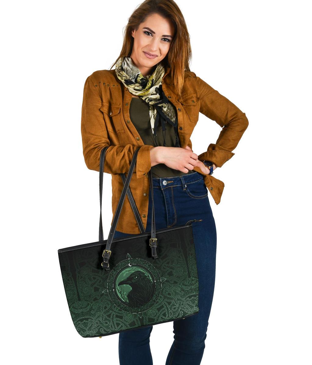 Viking Large Leather Tote Bag, Ethnic Odin Raven Green RLT12