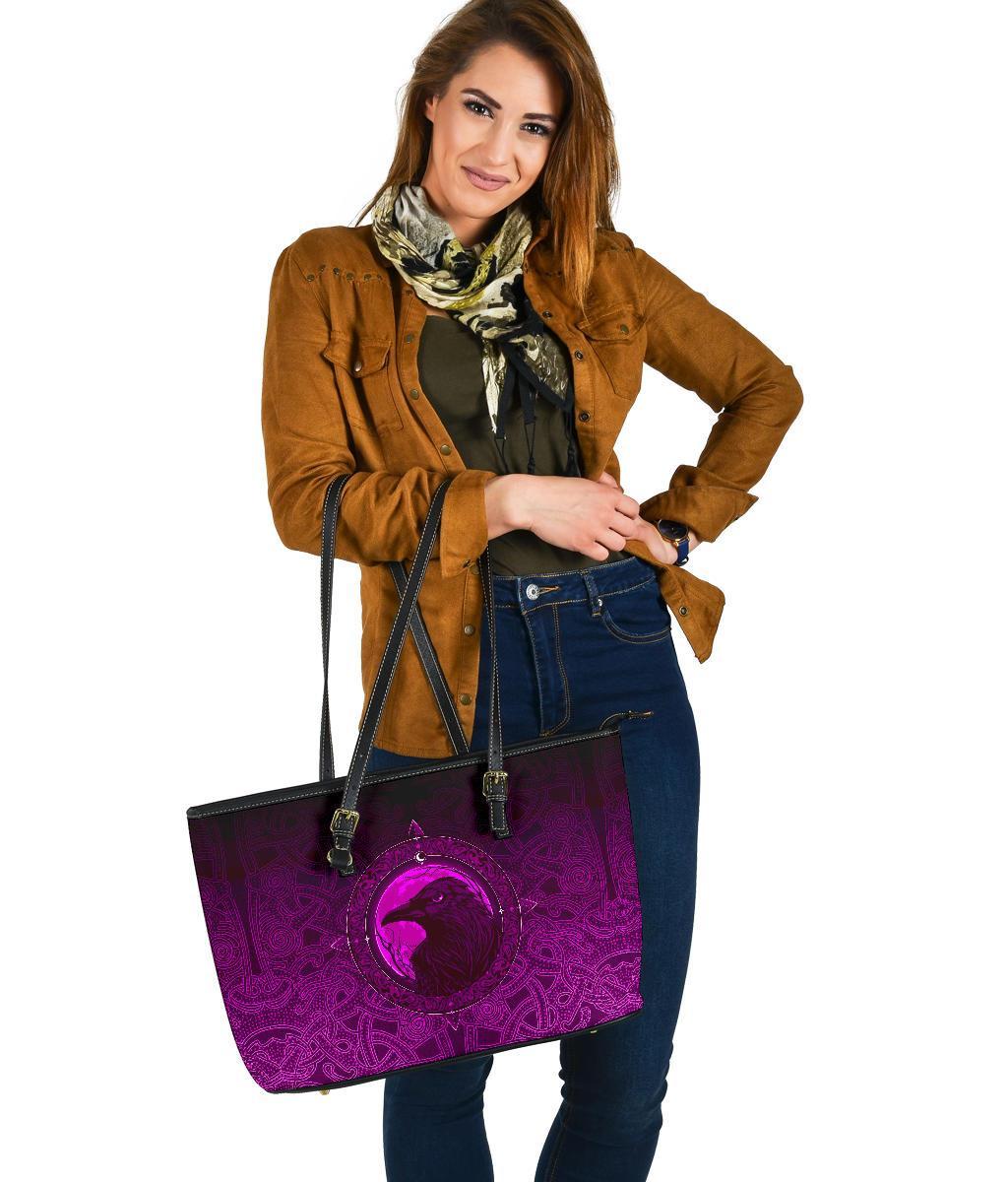 Viking Large Leather Tote Bag, Ethnic Odin Raven Pink RLT12