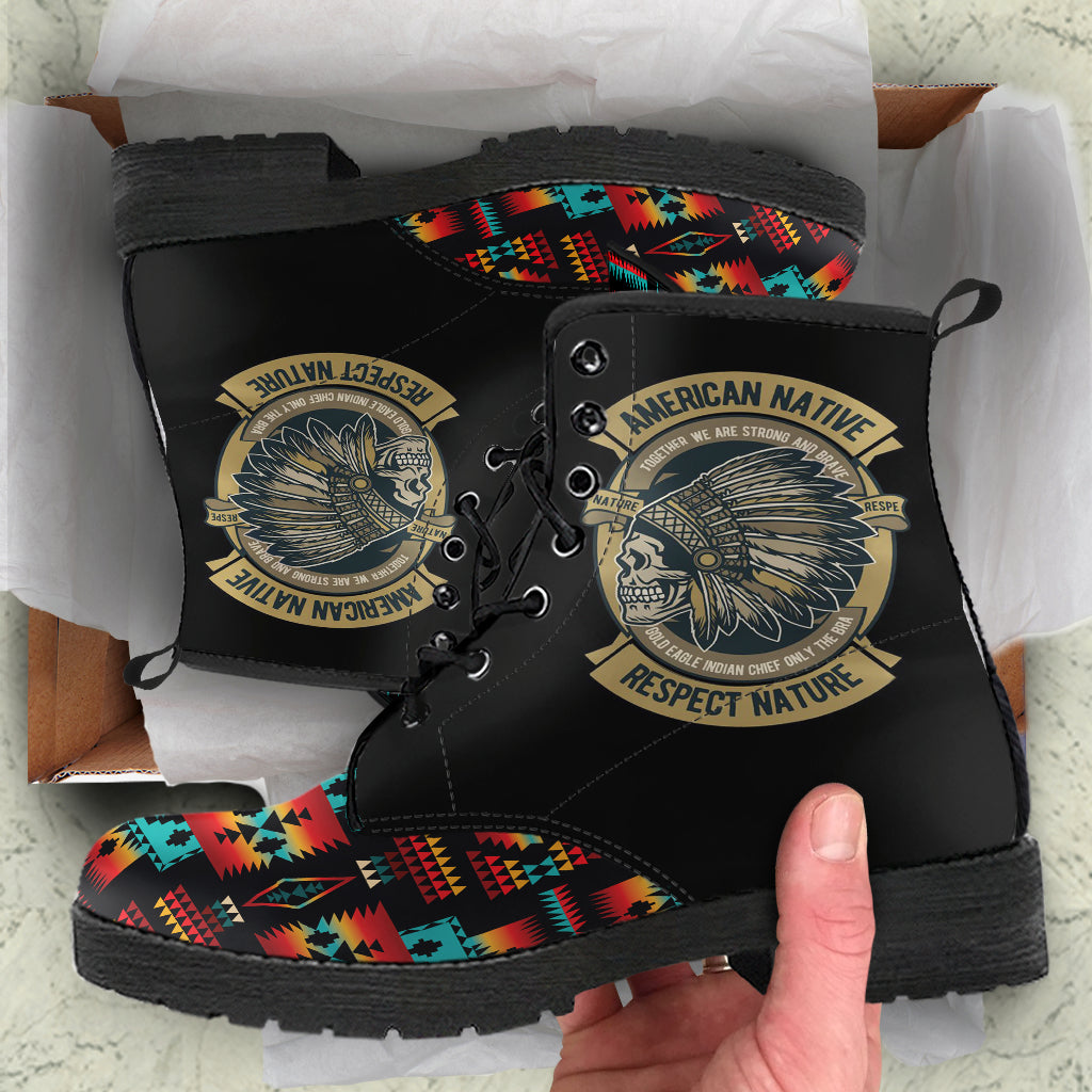 Skull Black Native American Tribes Pattern Leather Boots LT10